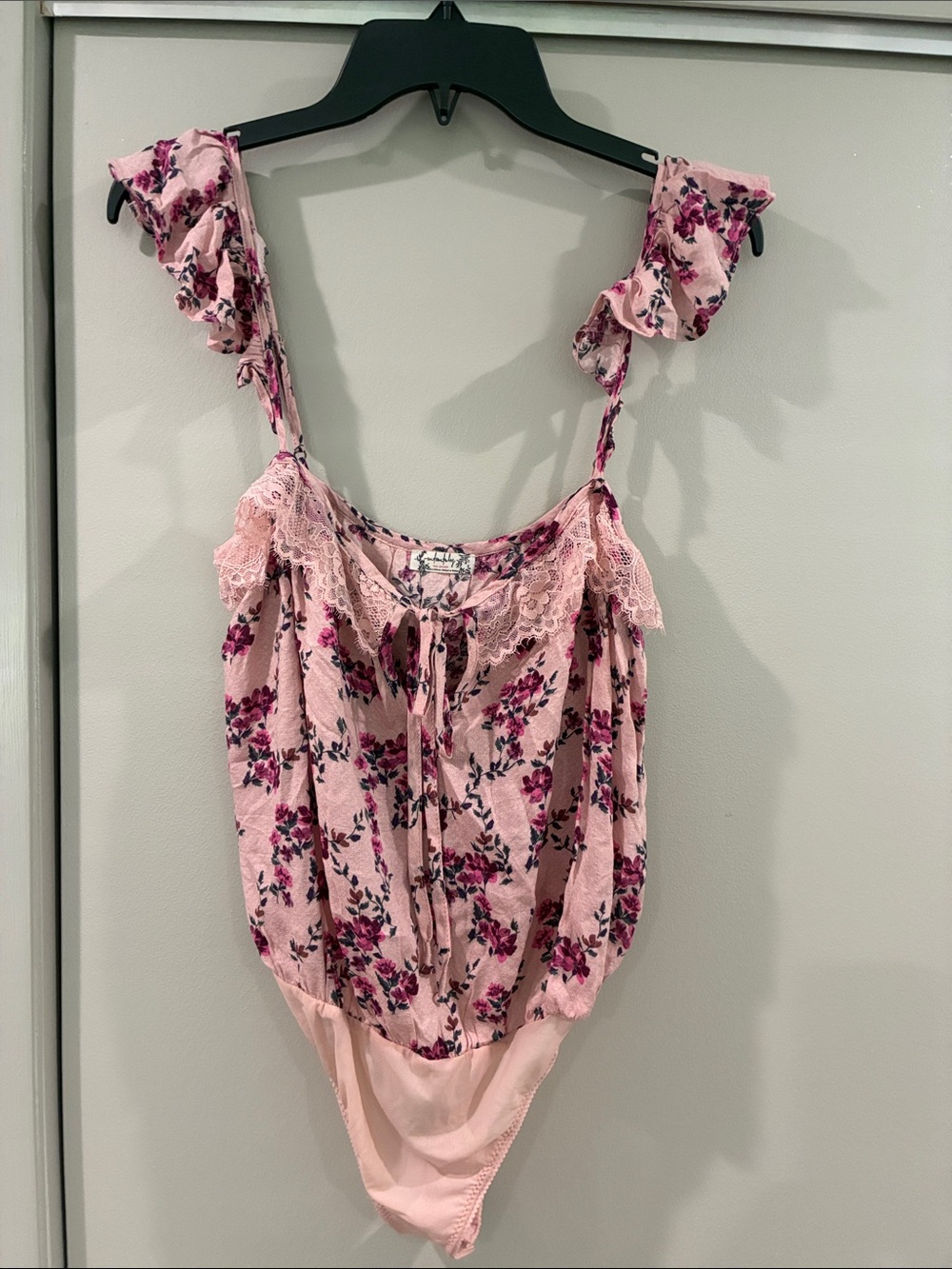 Floral Pink Lace-Trim Chemise Bodysuit